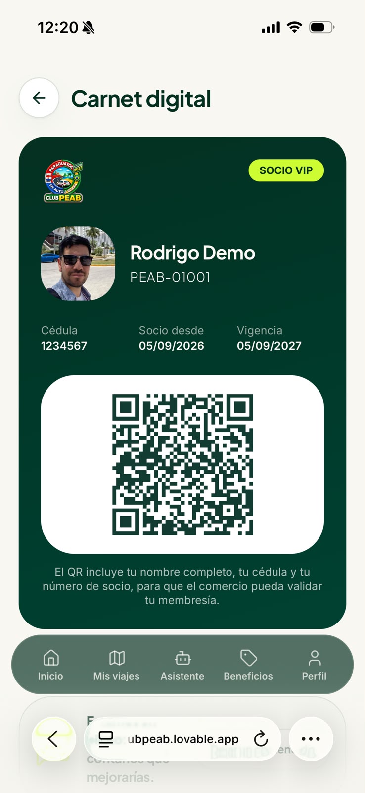 Carnet digital de socio con código QR