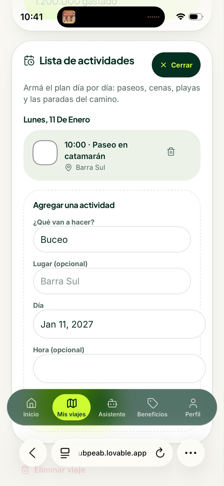 Lista de actividades planificadas para un viaje