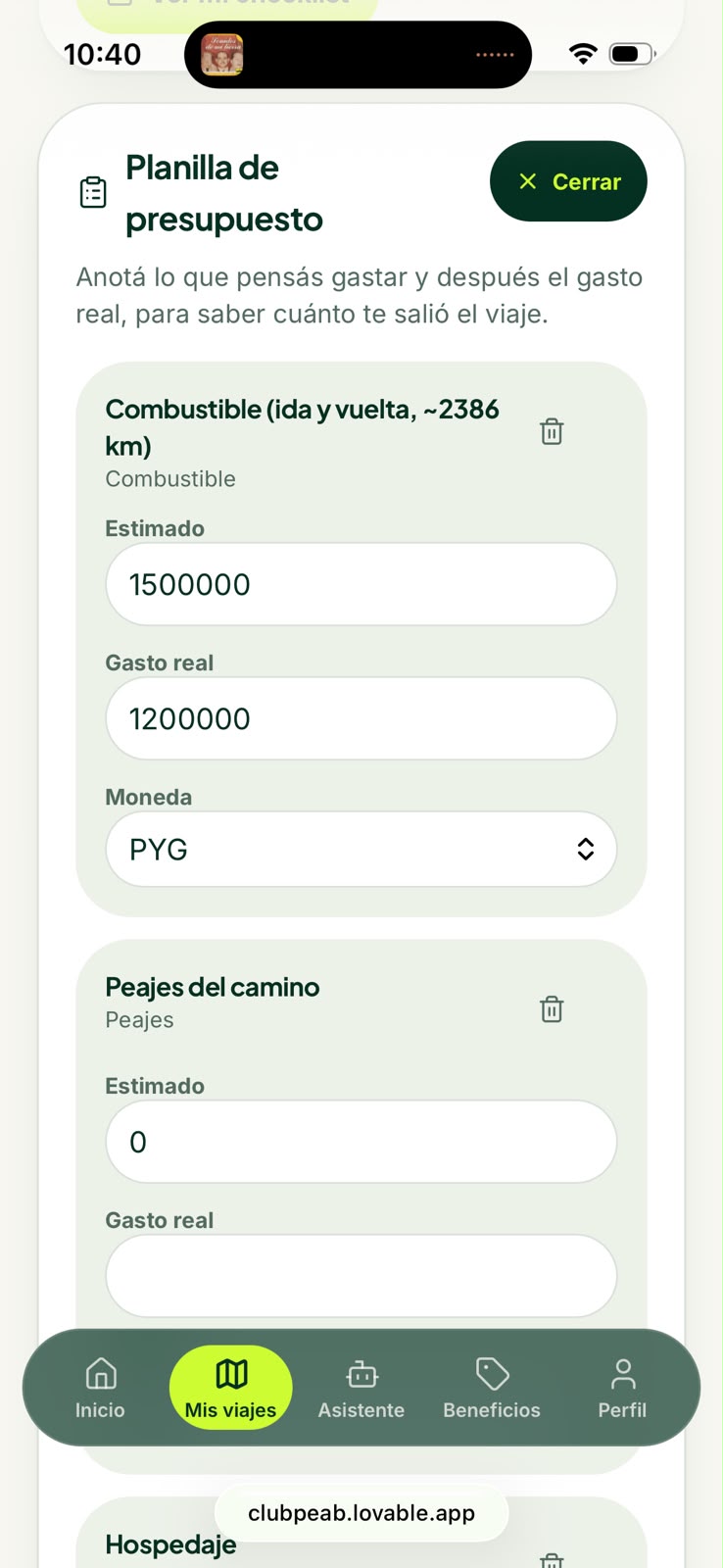Planilla de presupuesto de un viaje